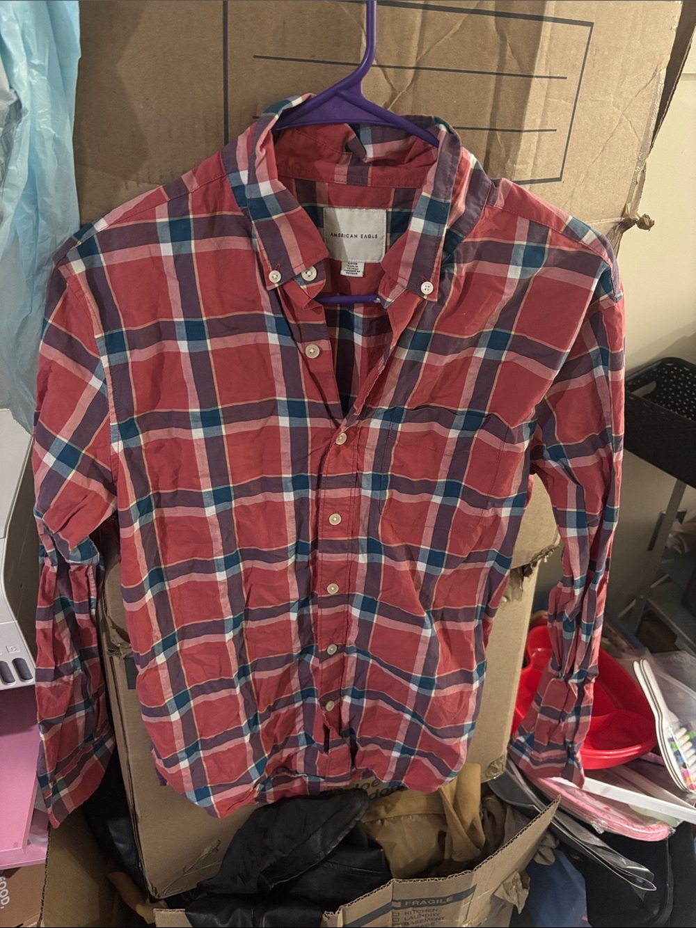 American Eagle Outfitters Red and Blue Plaid Button-Down Shirt